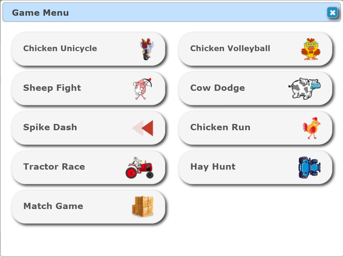Learning Farm game menu with 9 reward games