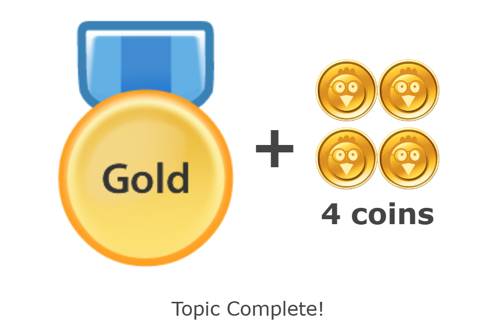 Gold medal and 4 coins with the words Topic Complete